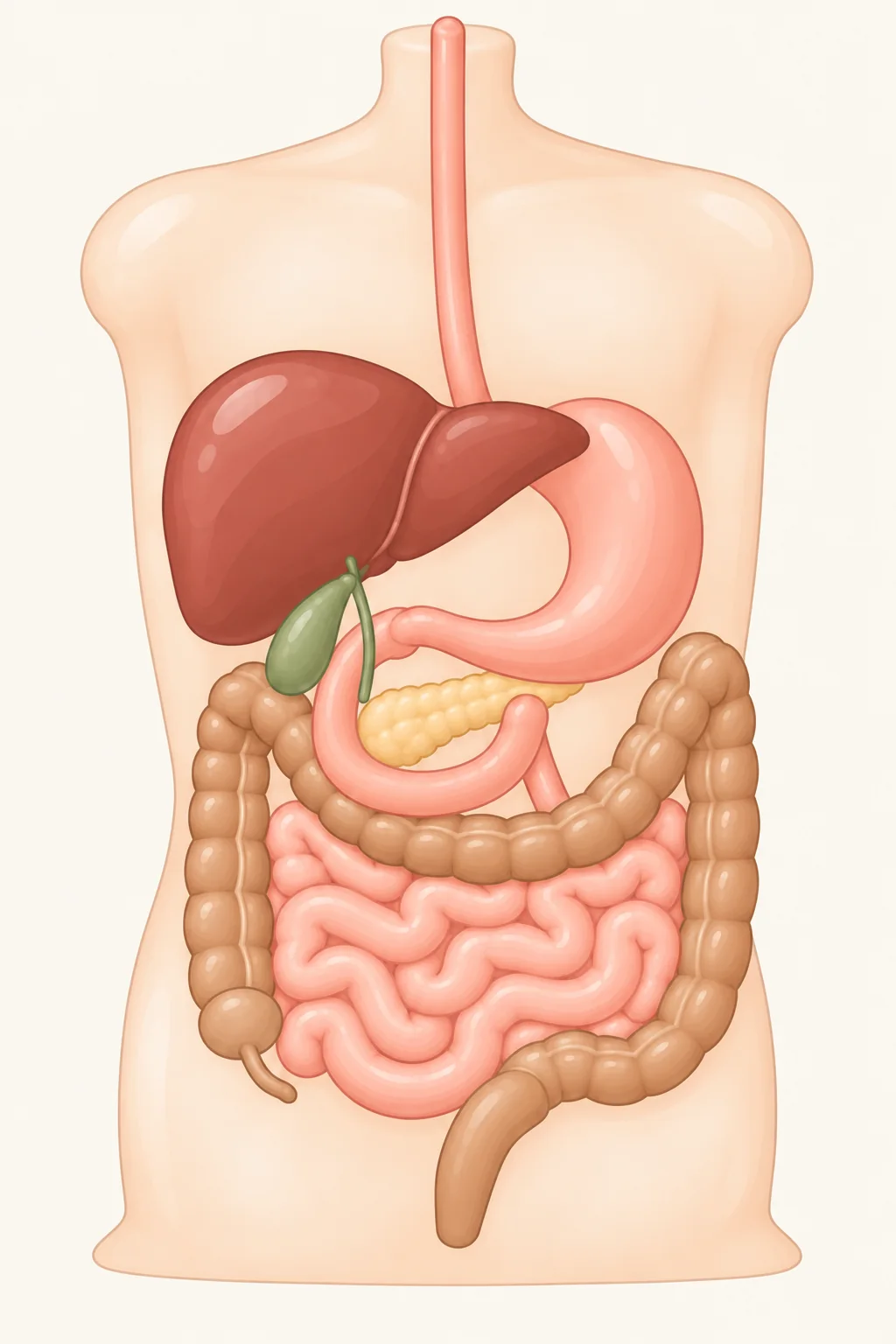Front view of a torso: the digestive tract from the esophagus to the rectum, with the liver, gallbladder and pancreas.
