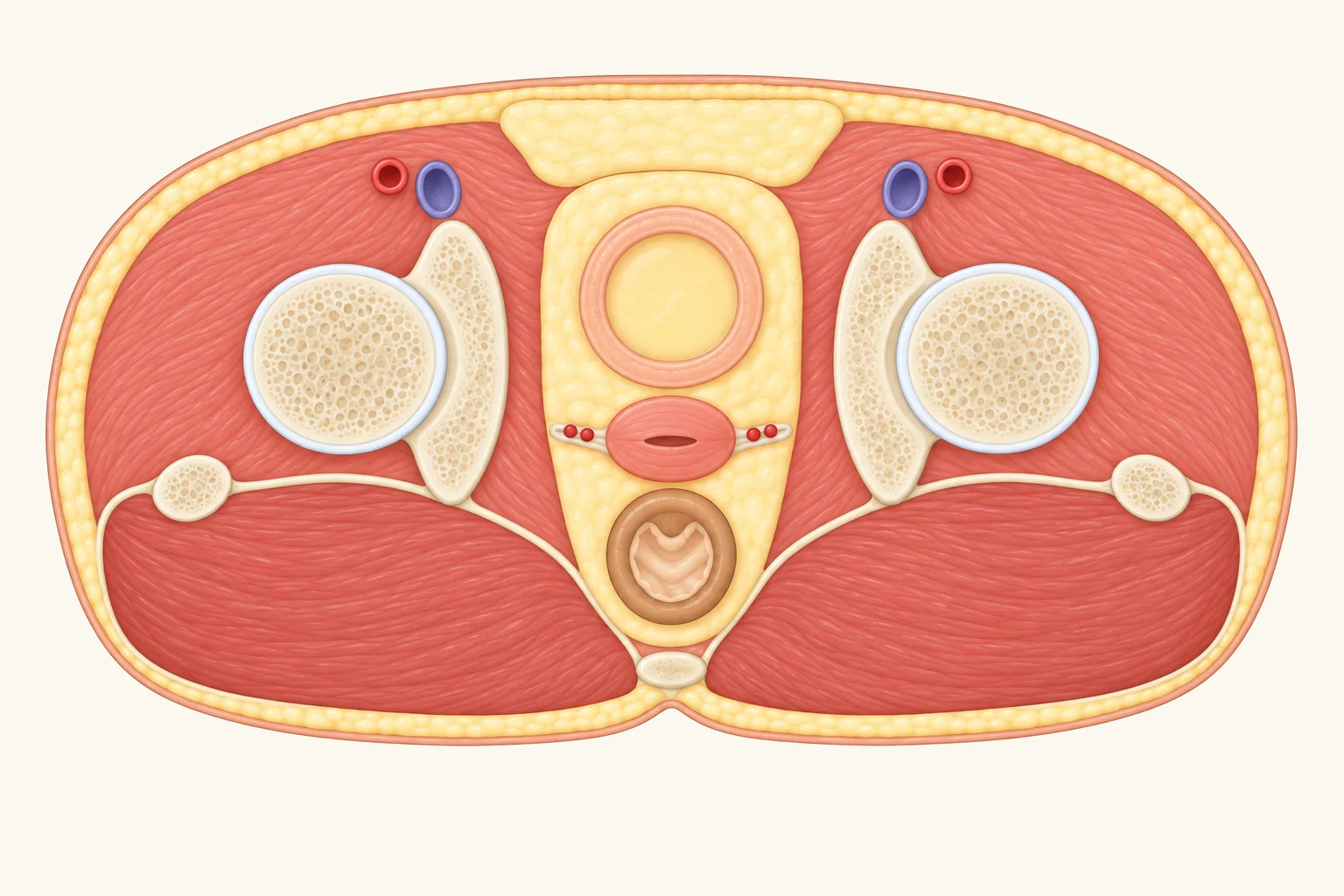 女性盆腔、穿过两侧股骨头的横切面插画，像 CT 一样从脚下往上看：前面在上，身体右侧在左。