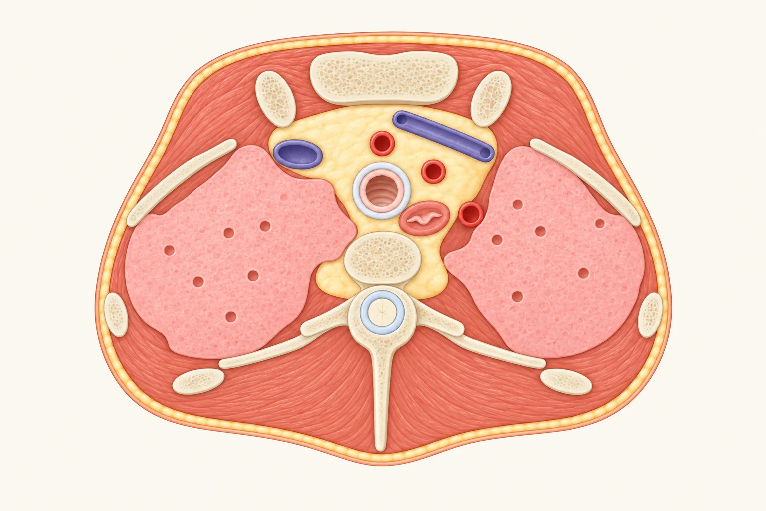 脖子根部、第二胸椎高度的人体横切面插画，像 CT 一样从脚下往上看：前面在上，身体右侧在左。